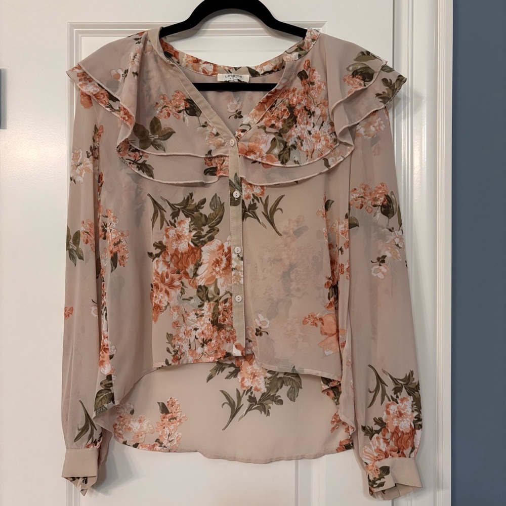 Umgee sheer floral button up blouse with ruffles Size S